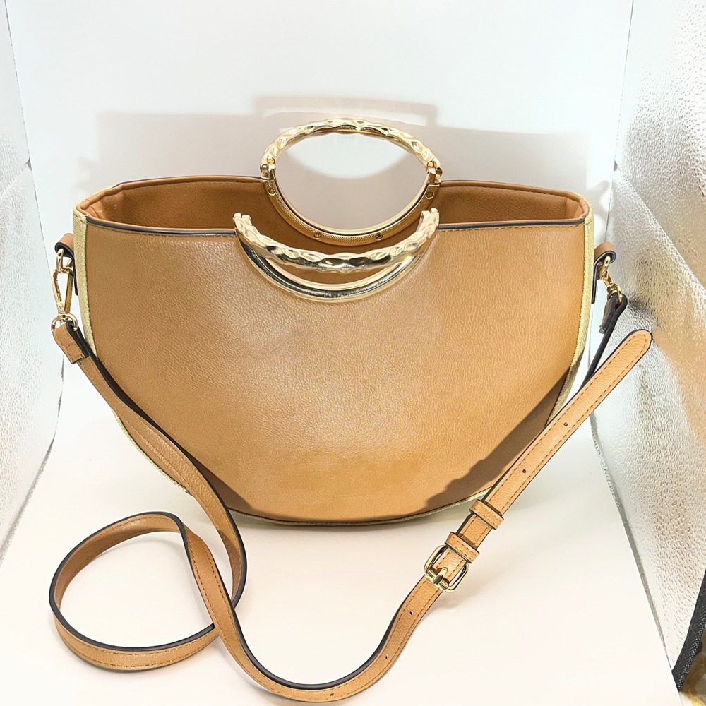 Luella Grey London Tan Vegan Leather Half Moon Bag Gold Ring Handle Crossbody